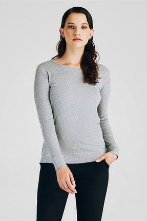 Kadın Gri Yuvarlak Yaka Uzun Kol Ribana Örgü Kumaş Basic T-Shirt W1014