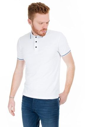Erkek Beyaz Kol Ucu Ve Yakası Desenli Düğmeli Polo Yaka Pamuklu T Shirt 4362064