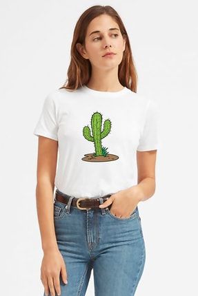 Kaktüs Cactus Baskılı Beyaz Kadın Tshirt BGA0729KDNTS