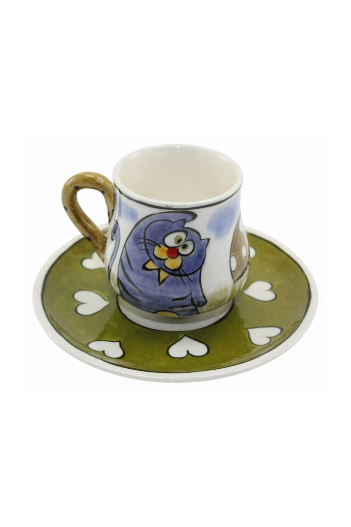 Sporcu Kediler Dekorlu Çini Seramik Kahve Fincanı Tekli Tabak:12cm Fincan:6x8cm