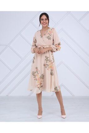Kolu Büzgülü Çiçek Desenli Şifon Elbise 224551