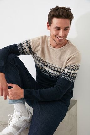 Trendyol Man Lacivert Erkek Bisiklet Yaka Panelli Slim Fit Triko Kazak Tmnaw21kz0557 Trendyol