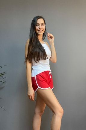 Kadın Kırmızı Spor Mini Lastikli Sweatshirt Şort 6ESPTMKSMLSMK2