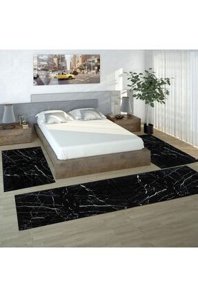 Osso Siyah Beyaz Mermer Modern Desenli 3lü Yatak Odası Yolluk Halı Seti ossoyatakodasi32