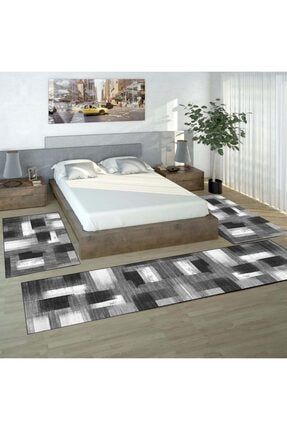Osso Siyah Gri Beyaz Çizgiler Modern Desenli 3lü Yatak Odası Yolluk Halı Seti ossoyatakodasi40