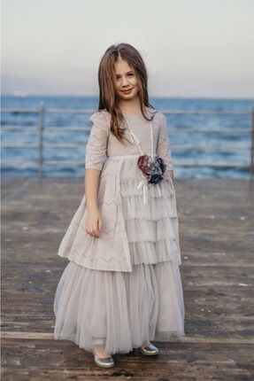 Gri, Kolyeli Ve Duvaklı Abiye, Pamuklu Vintage Kız Çocuk Elbise M2017
