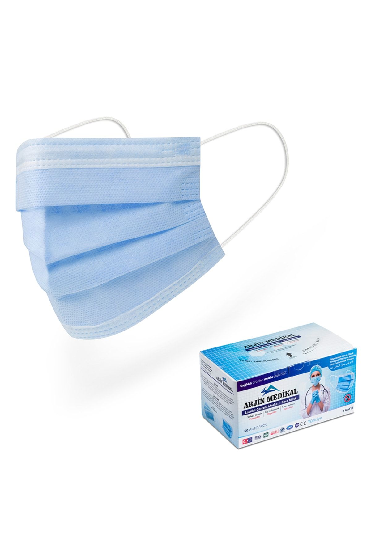 mutlu maske mavi 3 katli full ultrasonic telli tek kullanimlik cerrahi medikal maske 50 li 2 adet