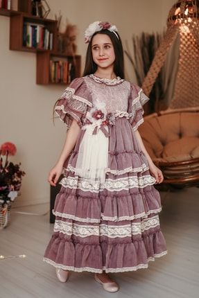 Kız Çocuk Vişne Rengi, Payet Ve Dantel İşlemeli, Taçlı, Uzun, Vintage Kostüm Elbise M2045