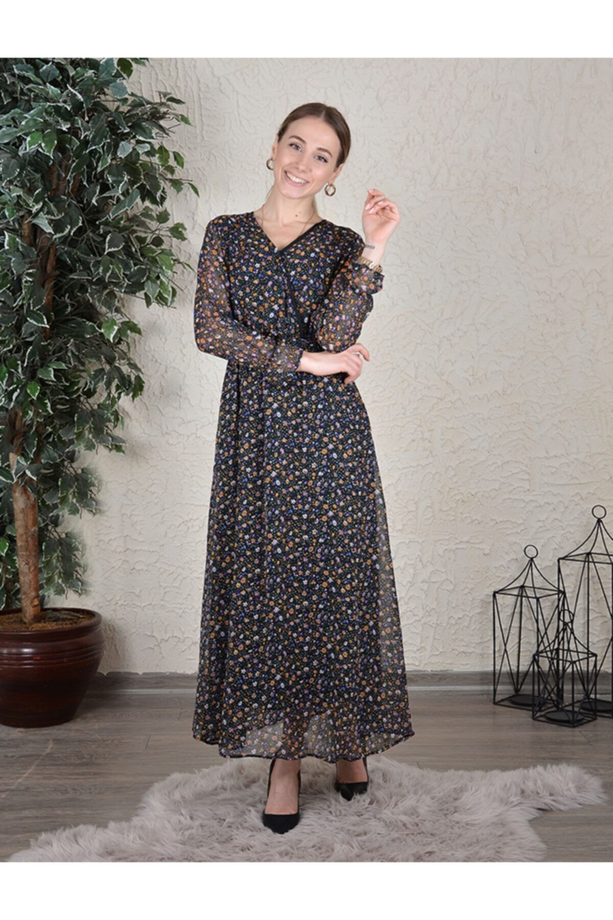 butik renkli papatya uzun sifon elbise
