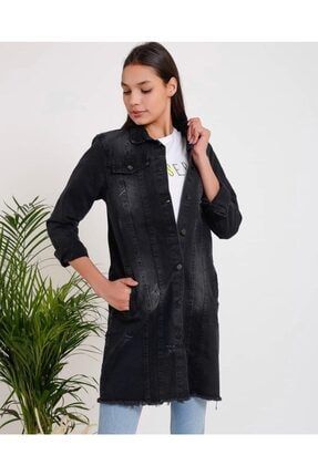 Kadın Siyah Yıkamalı Uzun Kot Ceket EF198625