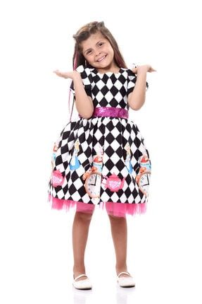 Kız Çocuk Beyaz Siyah Alice In Wonderland Elbise EYLULELİFBUTİKALİCE01
