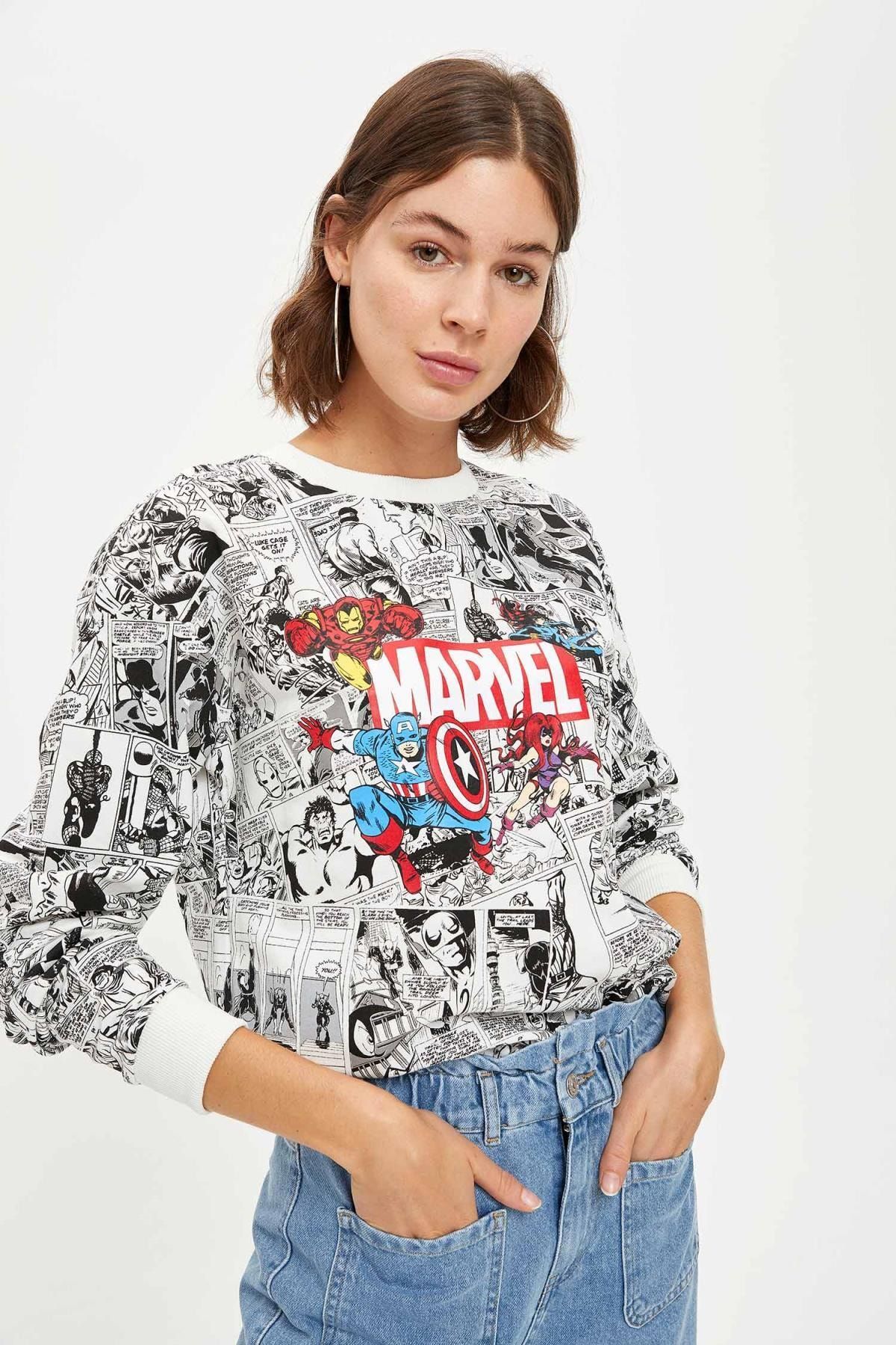 Defacto Kadin White Marvel Lisans Baskili Oversize Sweatshirt S0516az20au Trendyol