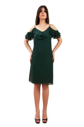 Kadın Yeşil Şifon Ip Askılı Valonlu Elbise E145