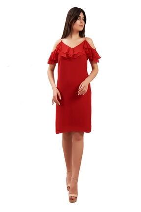 Kadın Kırmızı Ithal Şifon Ip Askılı Valonlu Elbise E145-RED
