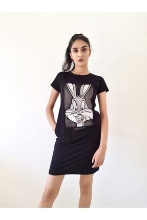 Kadın Siyah Taş İşleme Bugs Bunny Baskı Elbise SM90260
