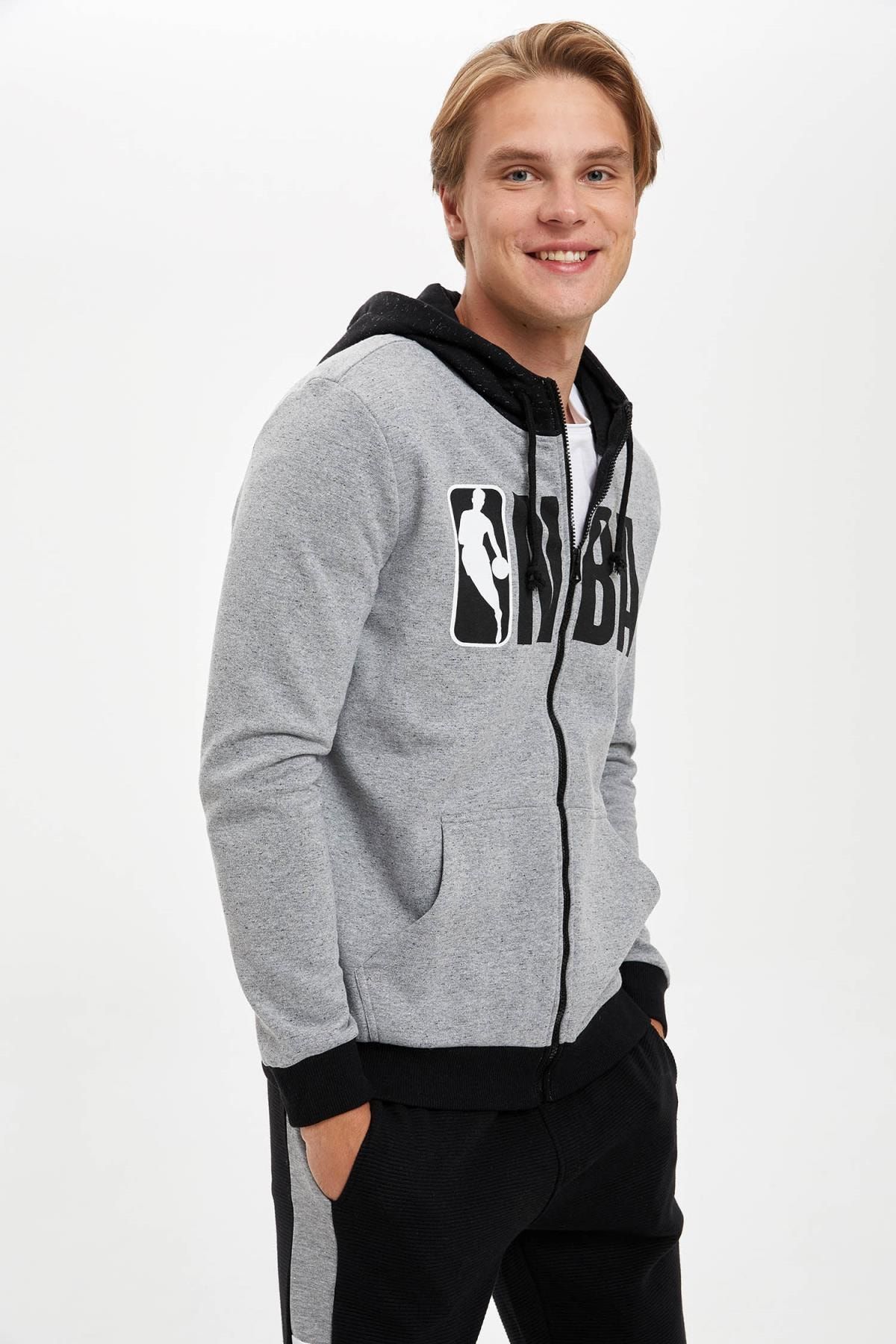 Defacto Erkek Optic Lt Grey Melange Nba Lisansli Slim Fit Fermuarli Kapusonlu Sweatshirt R7994az20au Trendyol