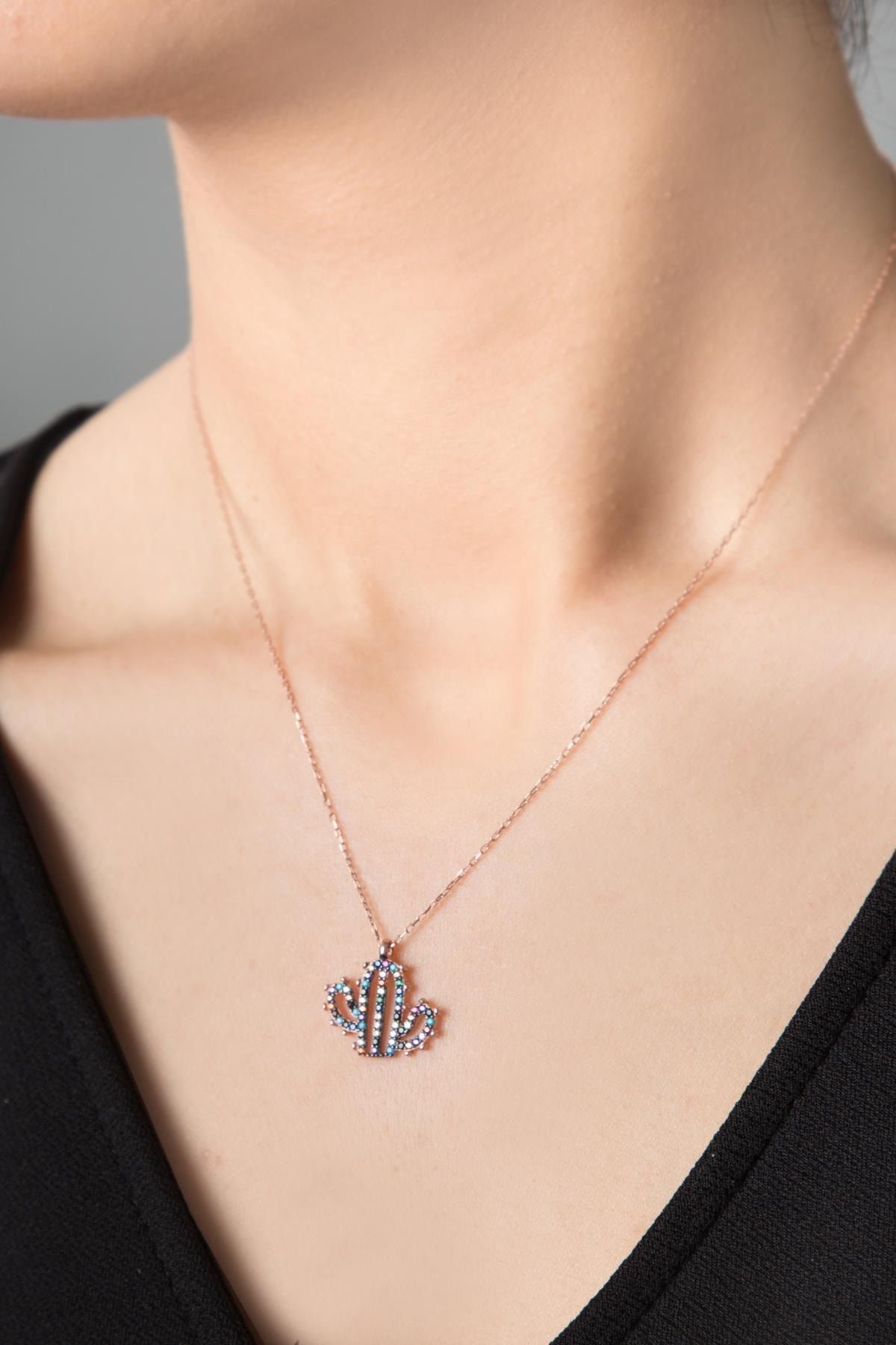 Elika Silver Kadin Renkli Kaktus Model Rose Kaplama 925 Ayar Gumus Kolye Trendyol