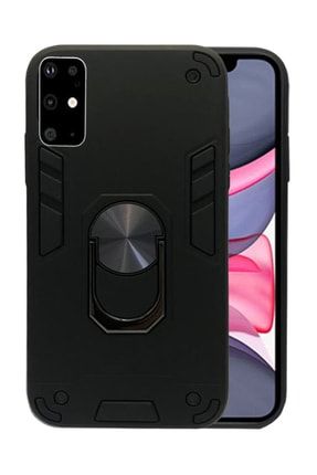 Samsung Galaxy A51 Kılıf Vega Siyah Metal Yüzüklü Standlı Tank Silikon Kılıf TANK-A51
