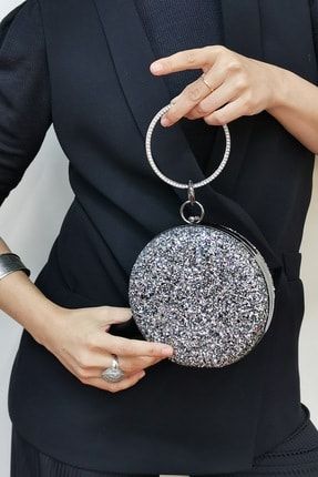 Pullu Mıxgümüş 259 Yuvarlak Clutch Abiye Çanta