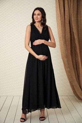 Kadın Siyah Baby Shower Şifon Hamile Elbise O7052
