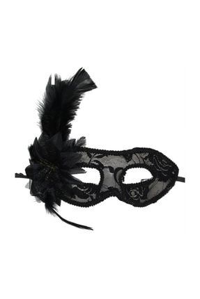 Partidolu Siyah Renk Dantelli Güllü Tüylü Wedding Maskesi PNE31000