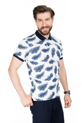 Erkek Lacivert Kuş Tüyü Desenli Düğmeli Polo Yaka T Shirt 4362066