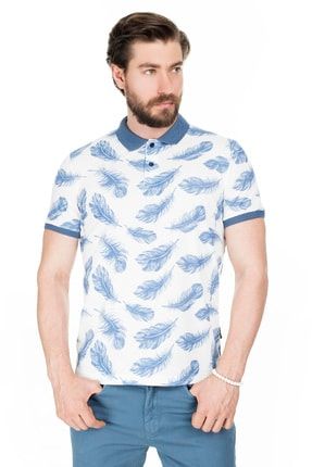 Erkek İndigo Kuş Tüyü Desenli Düğmeli Polo Yaka T Shirt 4362066