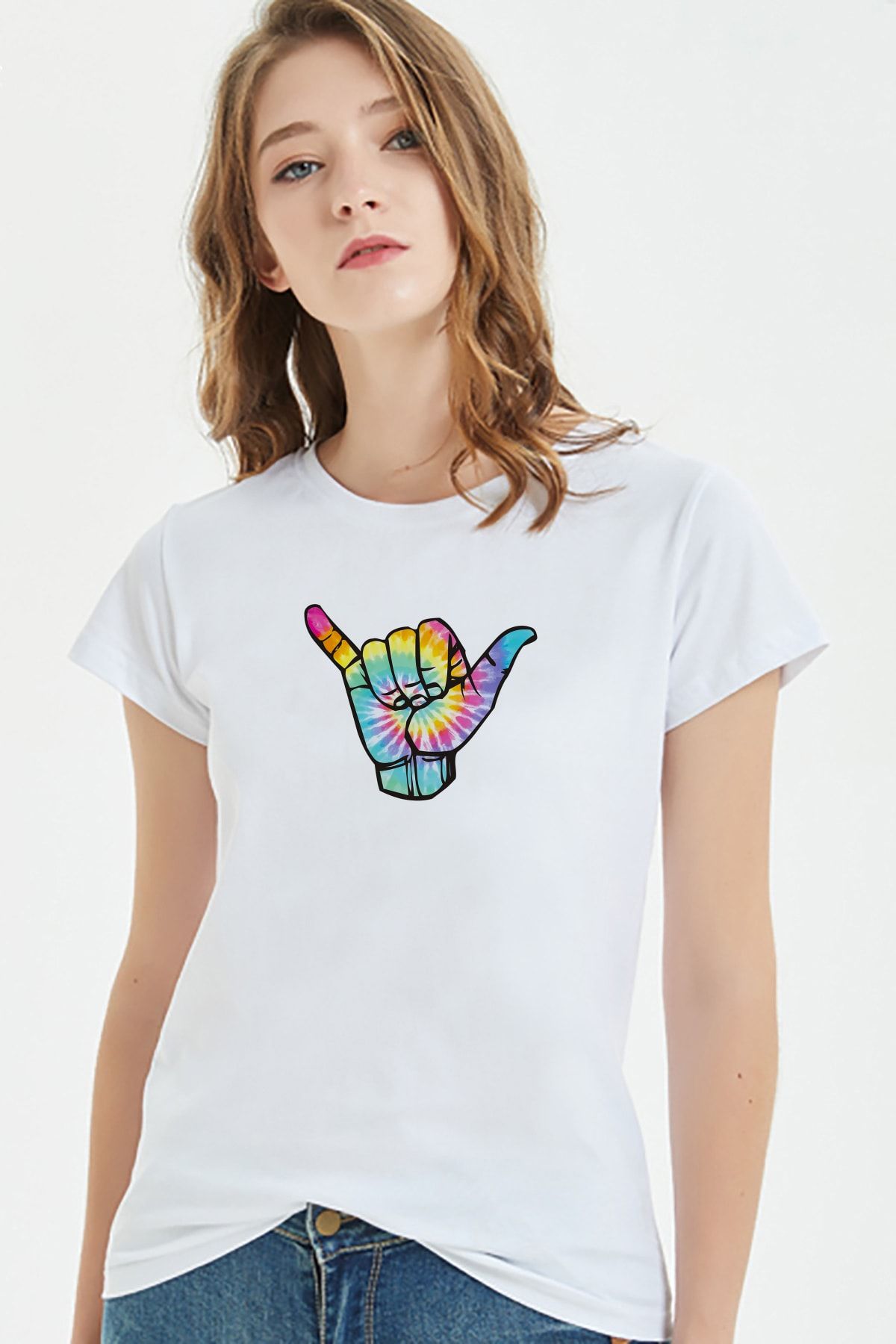 QIVI Tricou Alb Pentru Femei Hang Loose Shaka Watercolor Femeie - M