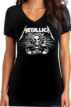 Metallica Kurukafa Siyah V Yaka Kısa Kollu Kadın T-shirt 1M1VW090AS