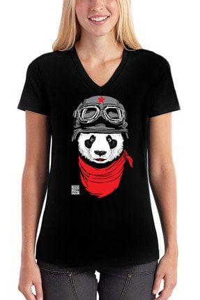 Bandanalı Panda Siyah V Yaka Kısa Kollu Kadın T-shirt 1M1VW076AS