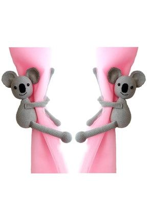 Gri El Örgüsü Amigurumi Oyuncak Ikili Perde Tutucu 30 cm koalaperde