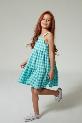 Heidi Ekose Desenli Eteği Fırfırlı Fiyonklu Kız Çocuk Elbise A17411