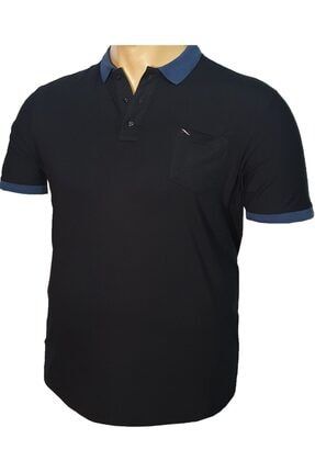 Büyük Beden Polo Yaka Likralı Penye T-shirt 201LPT/Siyah