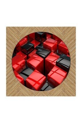 Kırmızı Siyah Kutulu 3d Desenli Dekoratif Yuvarlak Mutfak Halısı 150x150cm ossoyuvarl16