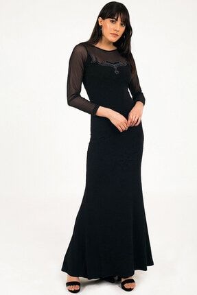 Kadın Siyah Yuvarlak Yaka Tül Dekolteli Uzun Abiye Elbise OTTW-0022