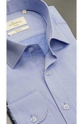 Erkek Mavi Slim Fit Uzun Kollu Armürlü Gömlek 480-0365