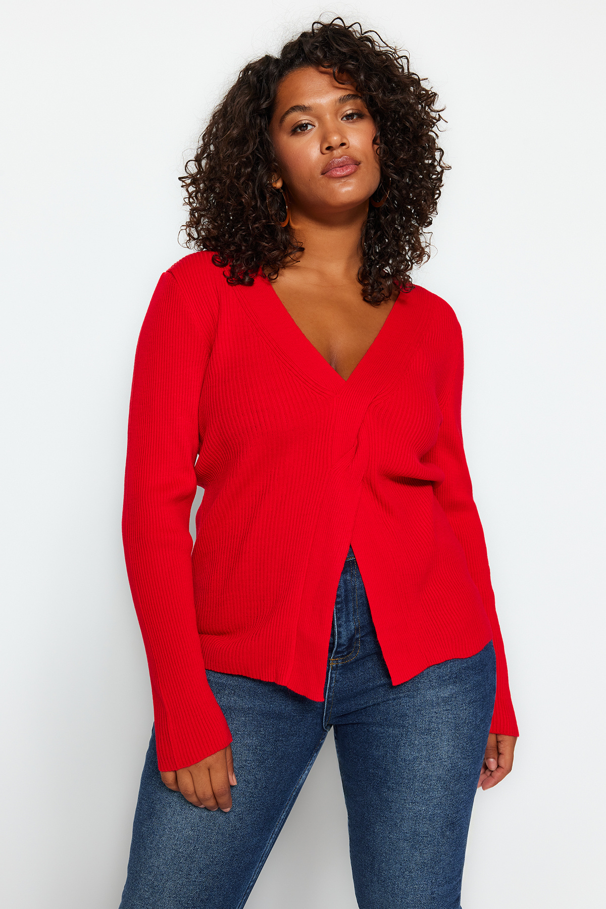 Trendyol Curve-V-Neck Red Knitwear Sweater - Front Knot Detail TBBAW24AN00101 7