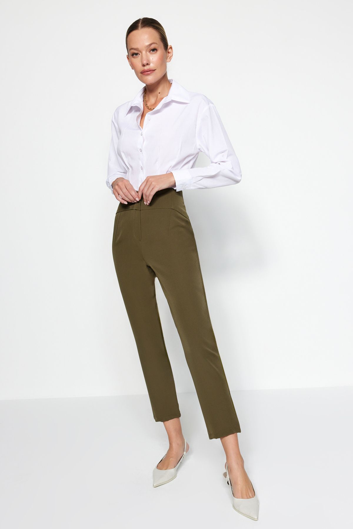 Trendyol Collection Khaki Cigarette Skinny Leg Woven Trousers with Waist  Stitching Detail TWOSS20PL0388