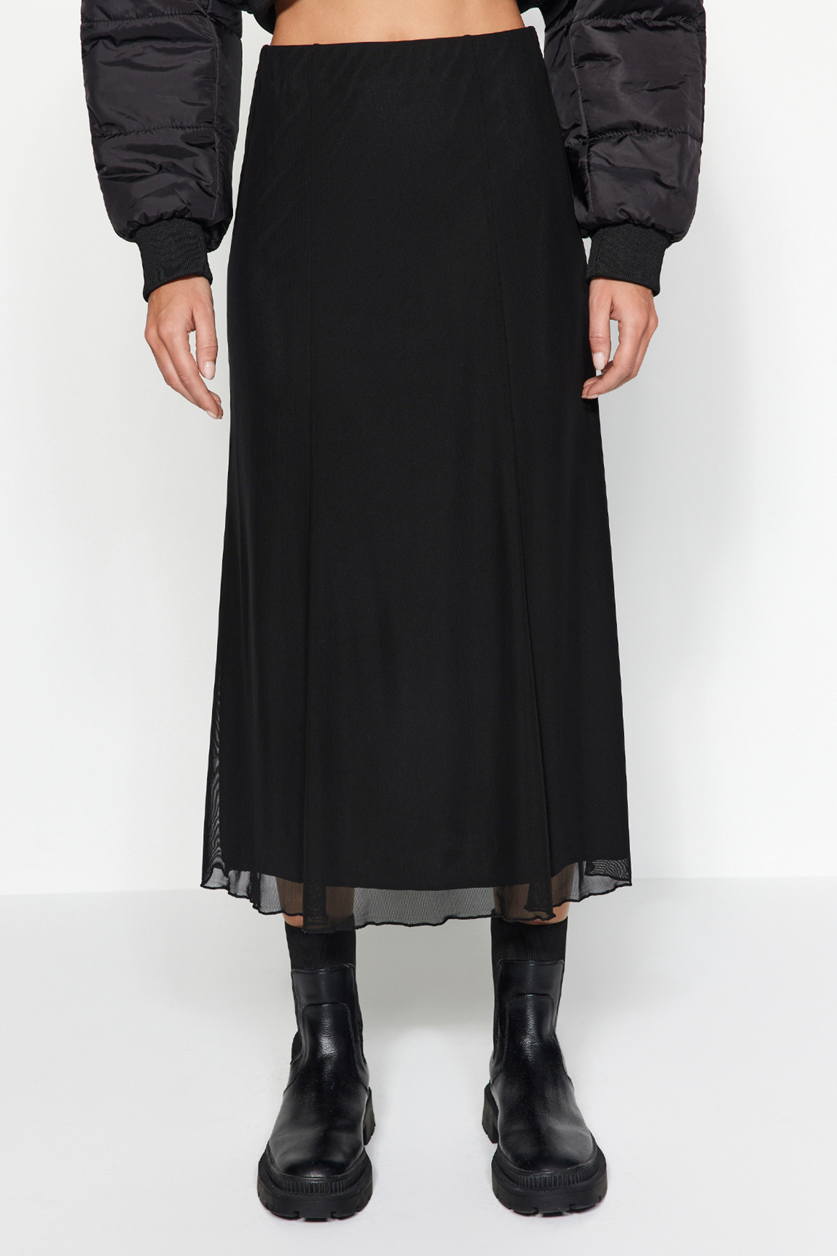 Trendyolmilla  Siyah Astarlı Tül Maxi Örme Etek TWOAW24ET00130 - Görsel 4