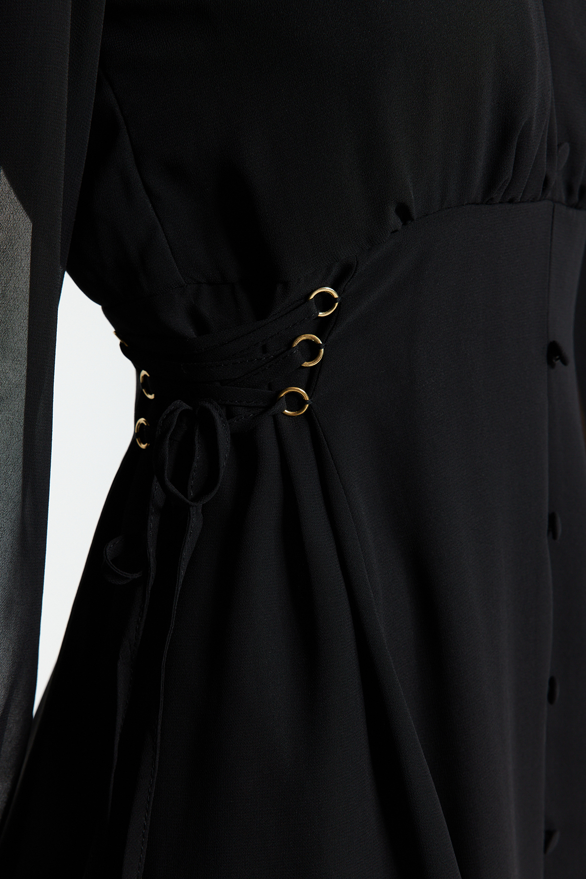 Trendyolmilla  Siyah Kuşgözü Detaylı Düğmeli Astarlı Şifon Dokuma Elbise TWOAW24EL00348 - Görsel 5