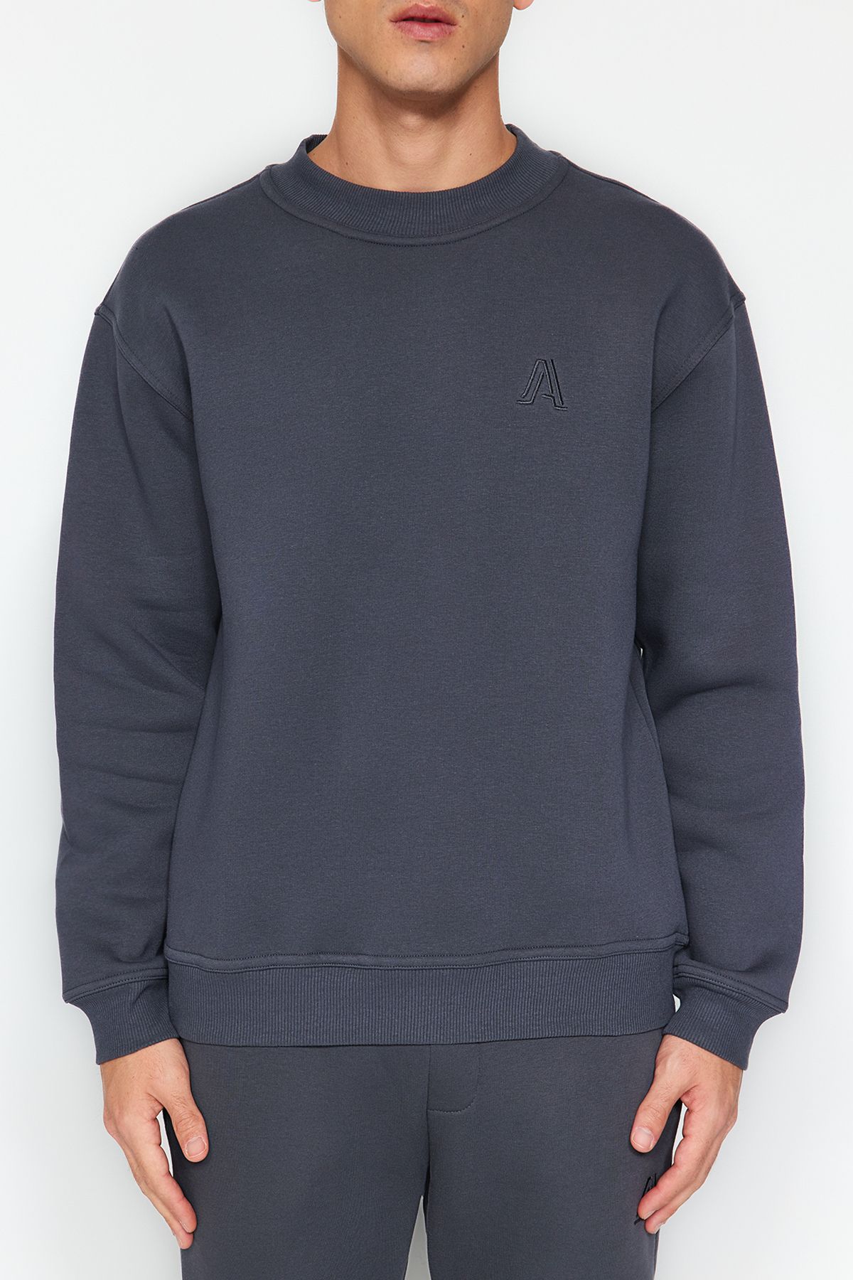Trendyol Collection-Φούτερ Anthracite Oversize/Wide Cut Half Turtleneck Letter με κέντημα με φλις εσωτερικά TMNAW24SW00046 4