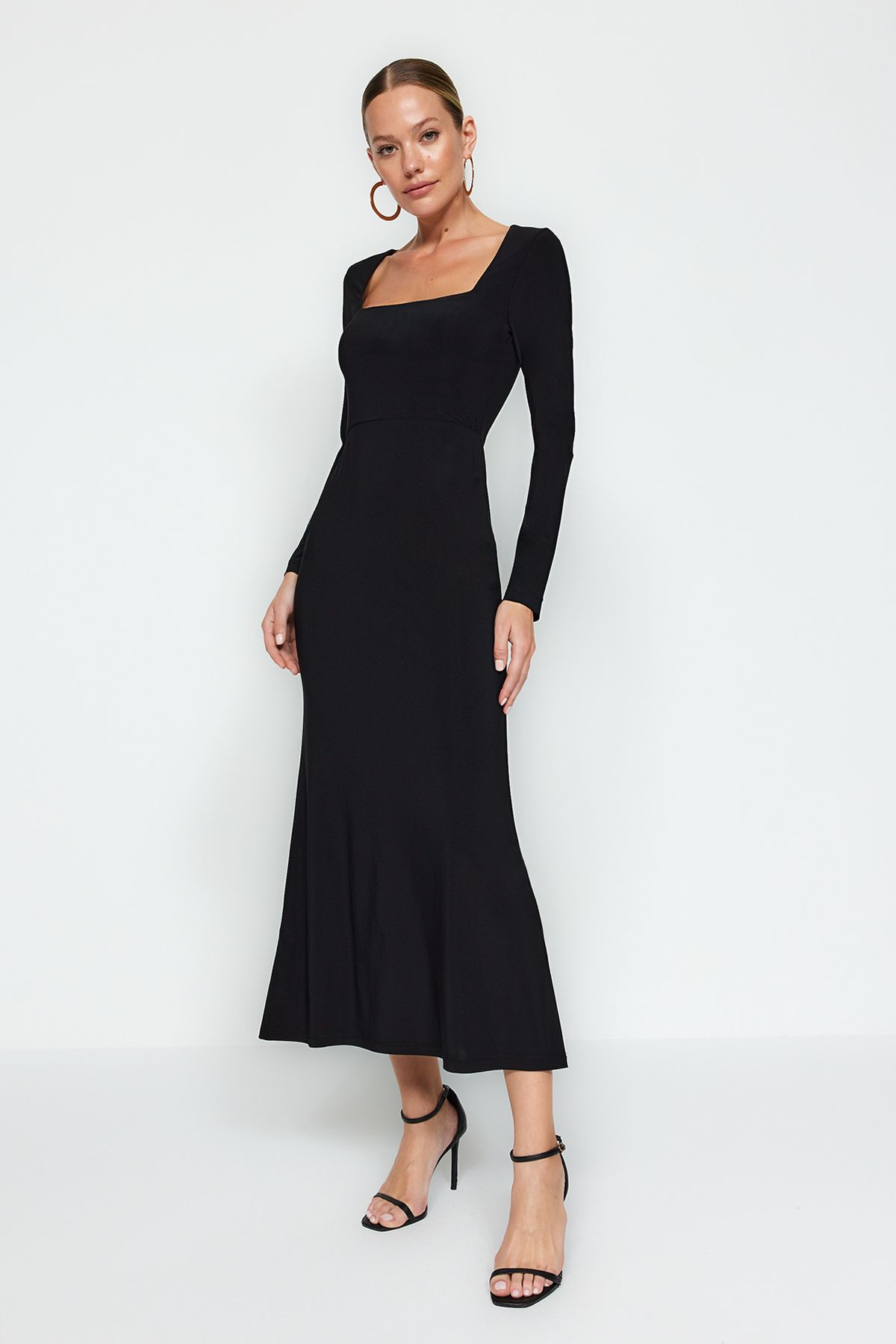 Trendyol Collection Black Flounced Square Neck Fitted Maxi Stretchy Knitted Dress TWOAW24EL00613