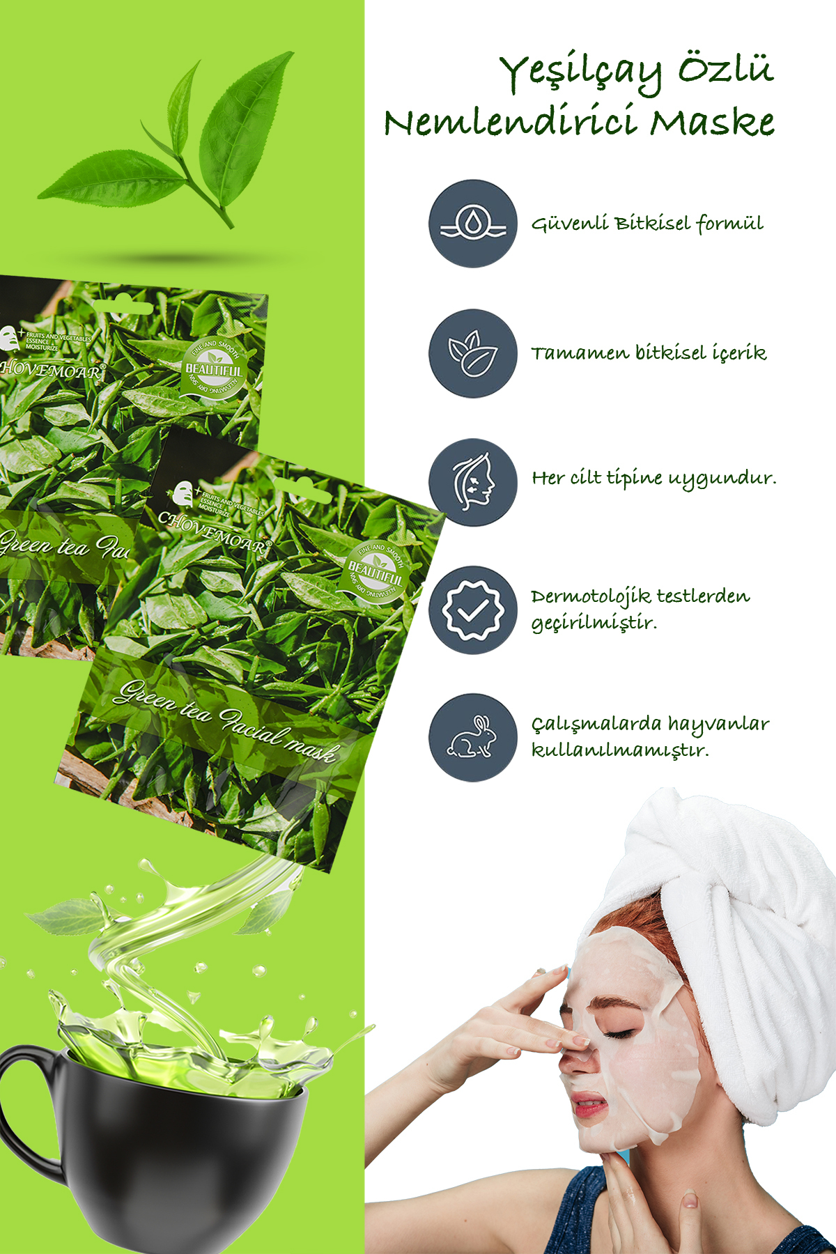 Dahaus 3 Pieces Green Tea Essence Paper Face Mask Green Tea Face Mask