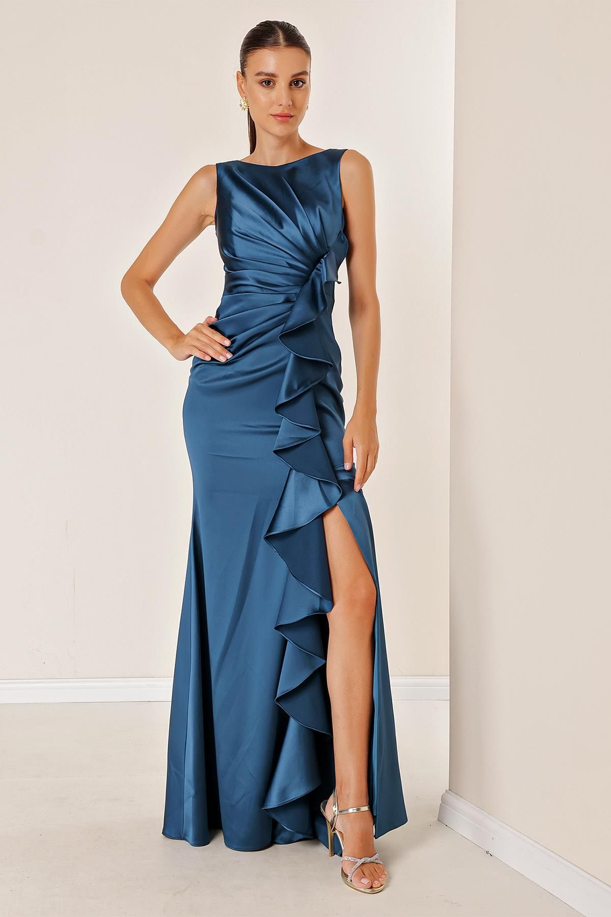 By Sayg Front Draped Flounce Lined Long Satin Dress Petrol
