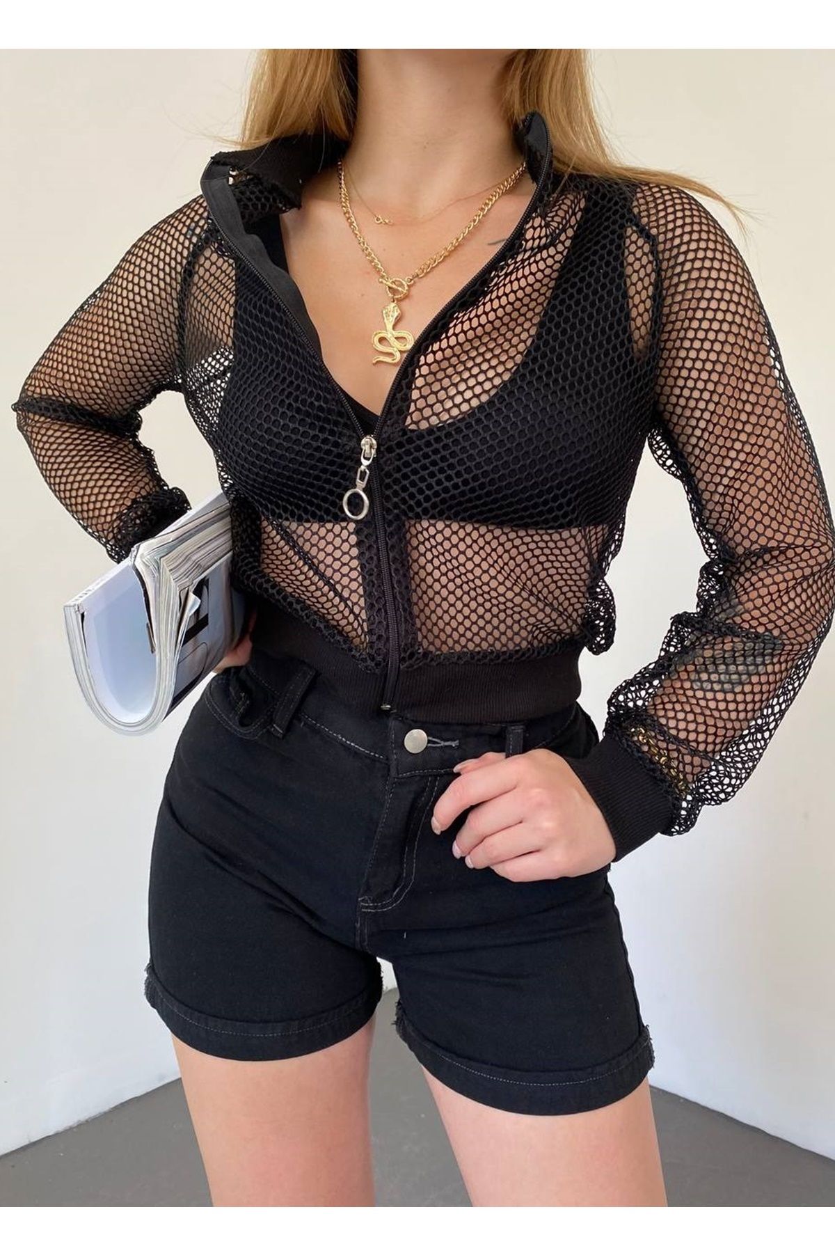 Black fishnet jacket sale