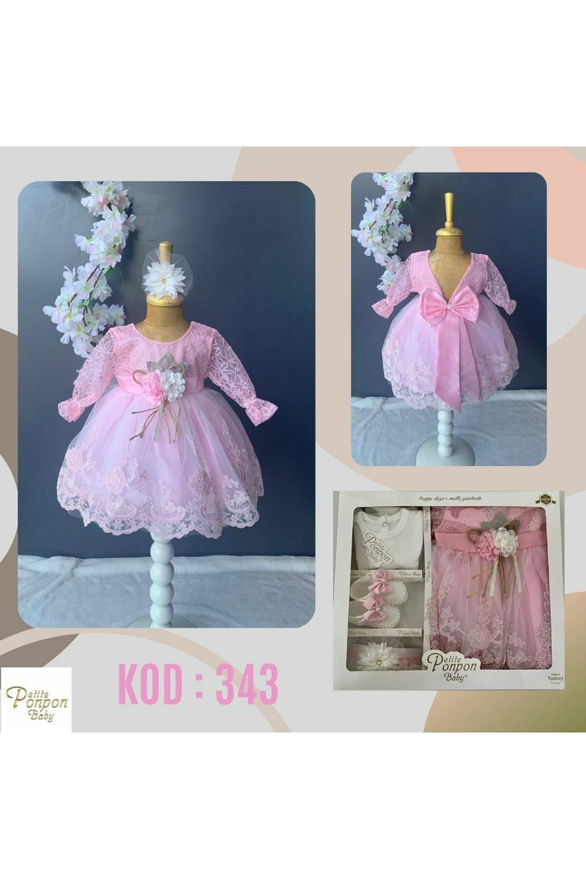 furya kids FURYA KİDS Kız Bebek 0-6 Ay Gelinlik Elbise 4 lü Mevlütlük Set Uzun Kollu Dantelli Premium Mevlütlük fotoğrafı 2 (önizleme)