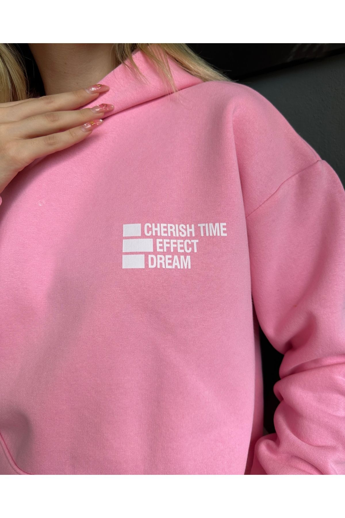 Benisengiydir Pink Cherish Printed Oversize Hooded Women s
