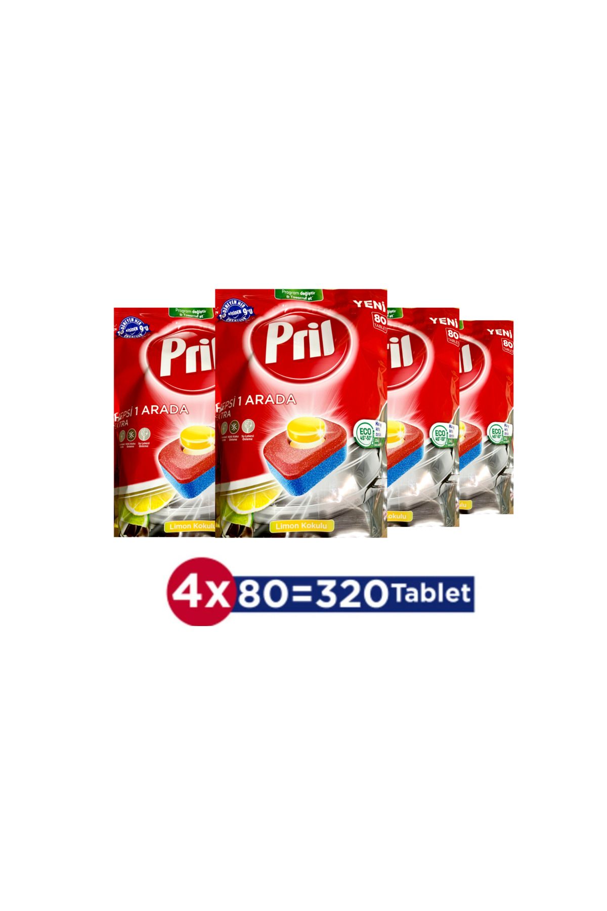Pril-Extra 320 Washing Dishwasher - All in One, Detergent Tablet with Lemon Scent (4X80Lipack) 1