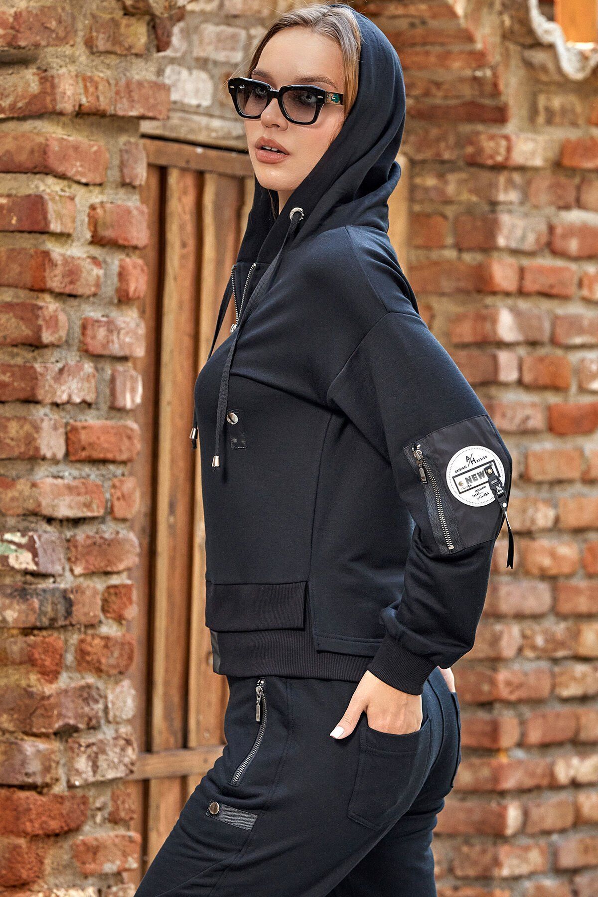 Cossy By Aqua Zipper Detail Hooded Black Tracksuit Set Trendyol