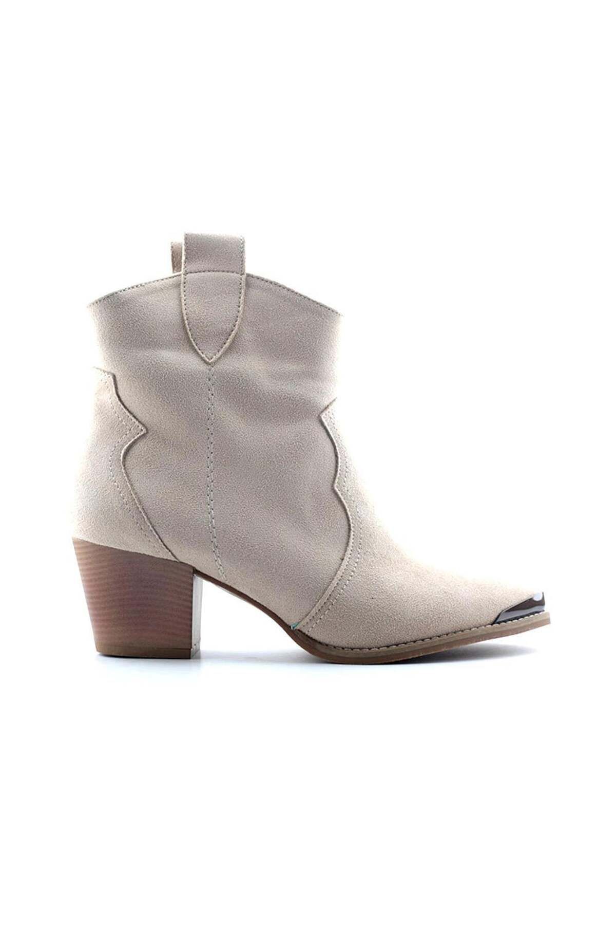 Pine Cone 403 Women s Canvas Heeled Boots Beige Nubuck Trendyol
